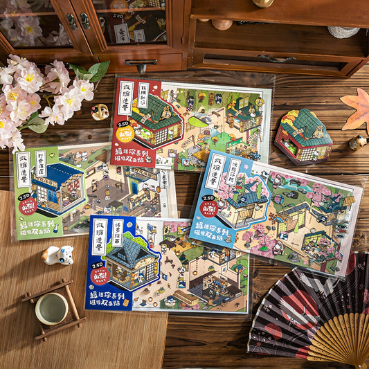Little Japanese Cottage 3D Sticker Fridge Magnet | 4 Cute Miniature Scenes