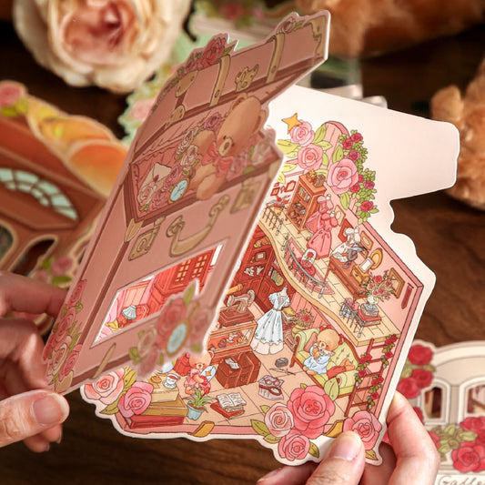 Little Bear's Romantic House 3D Sticker | 4 Cute Miniature Scenes