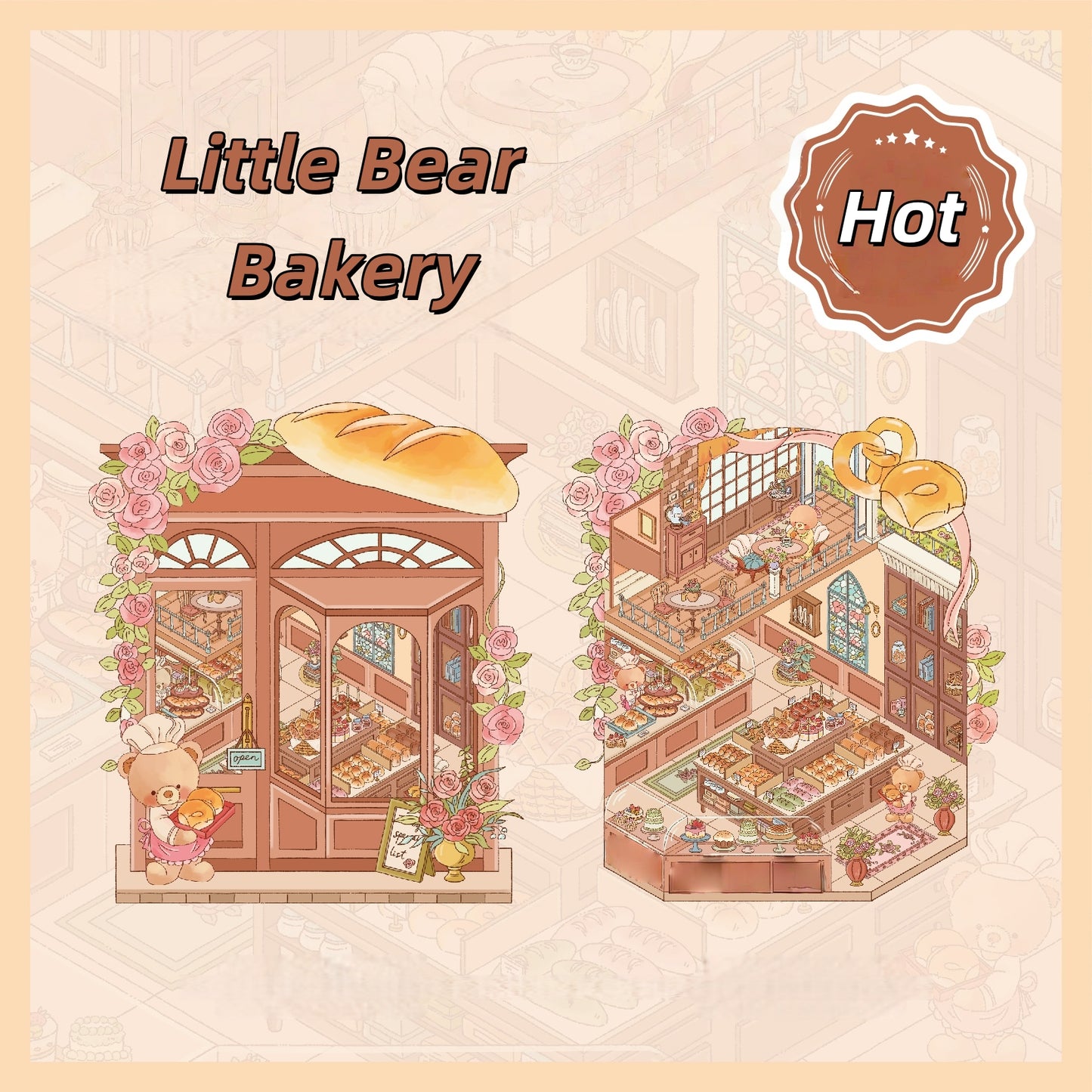 Little Bear's Romantic House 3D Sticker | 4 Cute Miniature Scenes