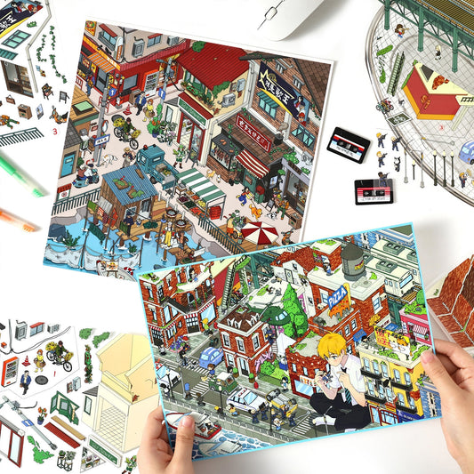 Town Street View 3D Sticker | 4 Cute Miniature Scenes