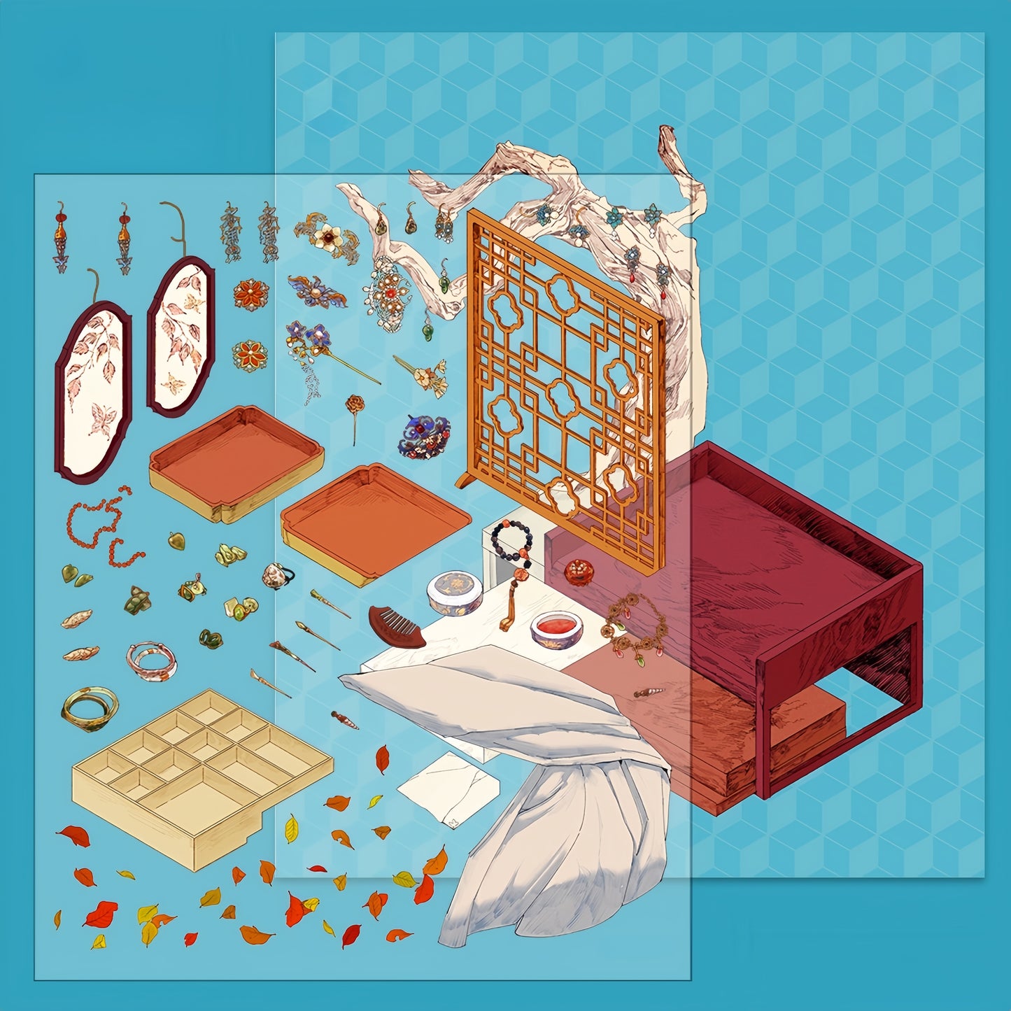Oriental Vanity 3D Sticker | 4 Cute Scenes