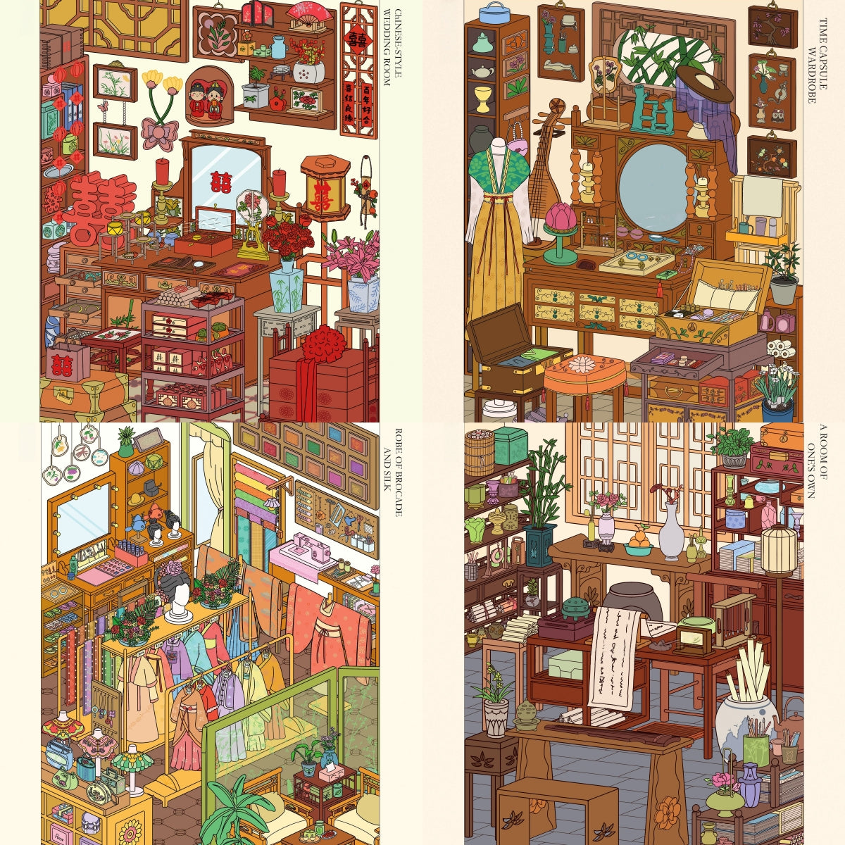 Ancient Chinese Room 3D Sticker | 4 Cute Miniature Scenes