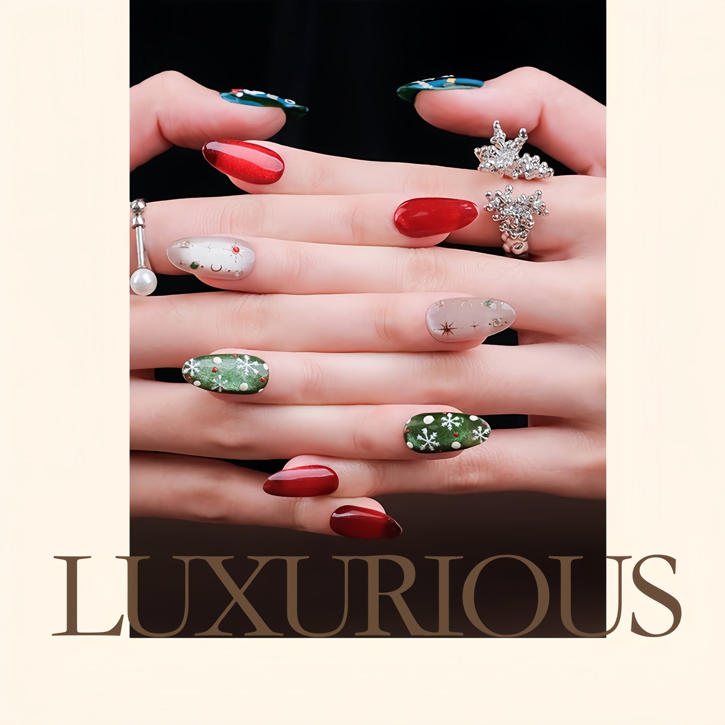 Shinny Cartoon Cat-eye Christmas Nail with Gem - Medium Almond