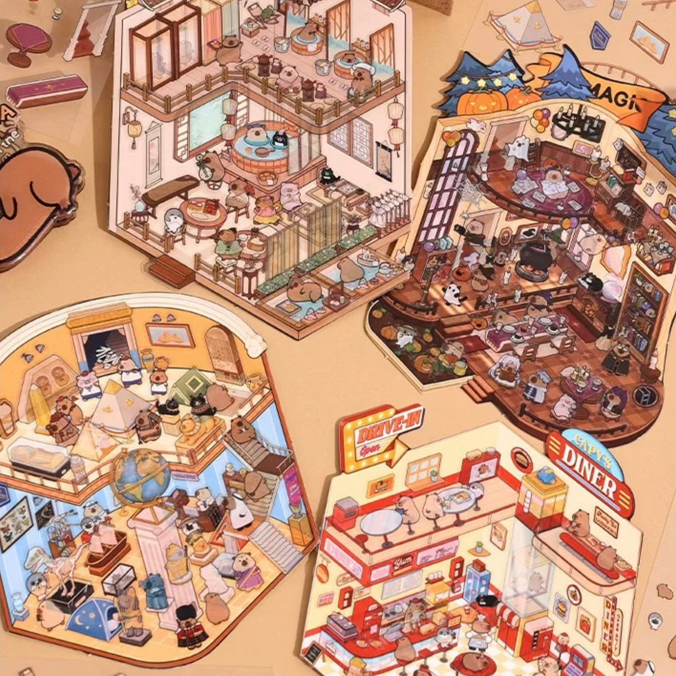Capybara's Whimsical World 3D Sticker | 4 Cute Miniature Sticker