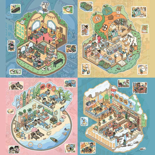 Flavorful Little Town 3D Sticker | 4 Cute Miniature Scenes