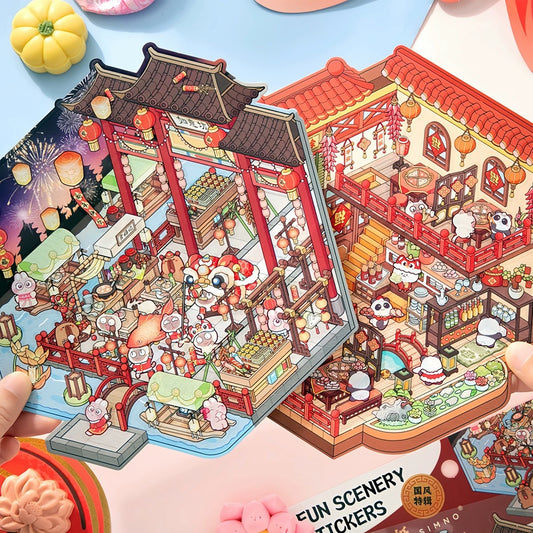 Fortune Feast Town 3D Sticker | 2 Cute Miniature Scenes