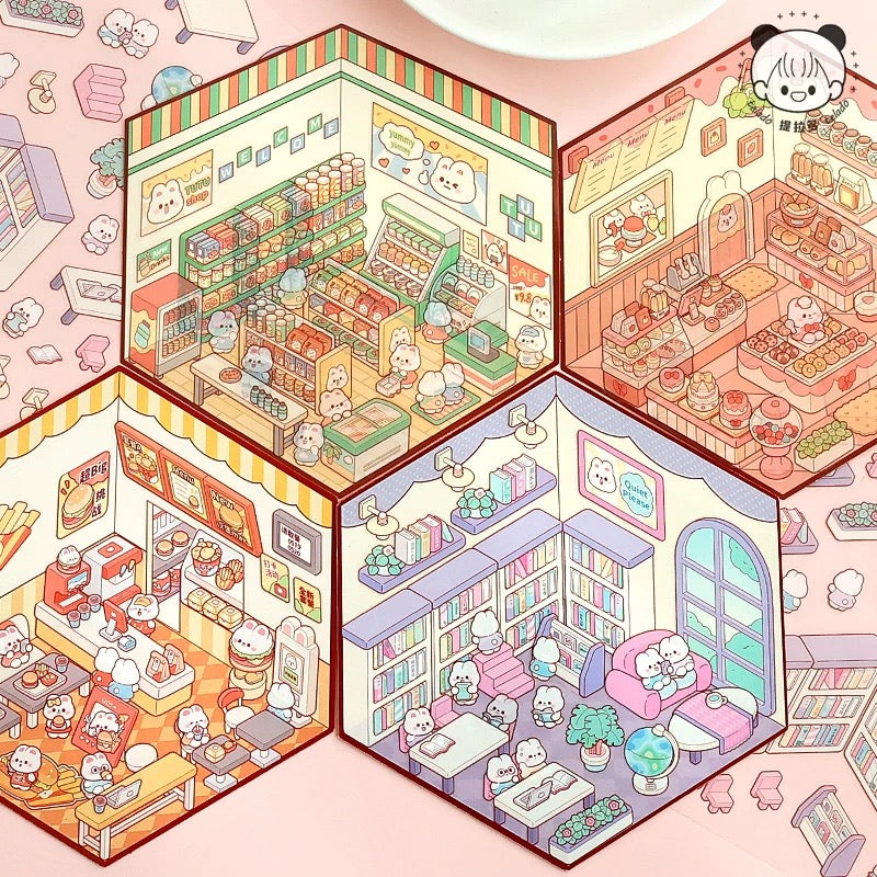 Bunny’s Dreamy Village 3D Sticker | 4 Cute Miniature Scenes