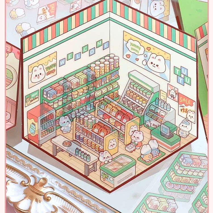 Bunny’s Dreamy Village 3D Sticker | 4 Cute Miniature Scenes