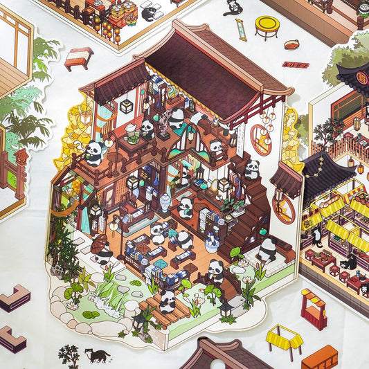 Whiskers & Bamboo 3D Sticker | 4 Cute Miniature Scenes