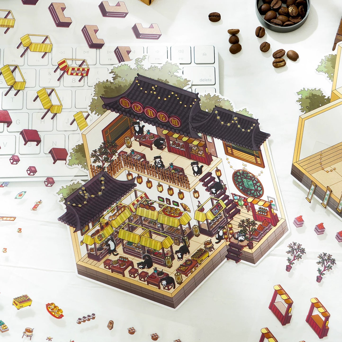 Whiskers & Bamboo 3D Sticker | 4 Cute Miniature Scenes