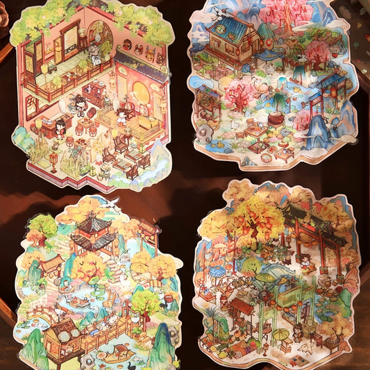 Ancient Chinese Pavilions 3D Sticker | 4 Cute Miniature Scenes