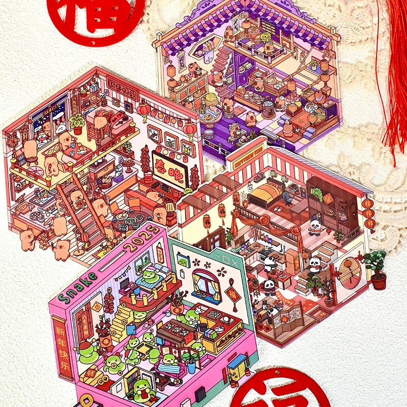 Happy New Year 3D Sticker | 4 Cute Miniature Scenes