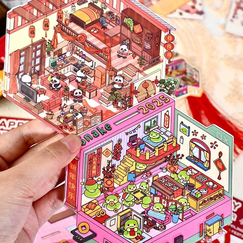 Happy New Year 3D Sticker | 4 Cute Miniature Scenes