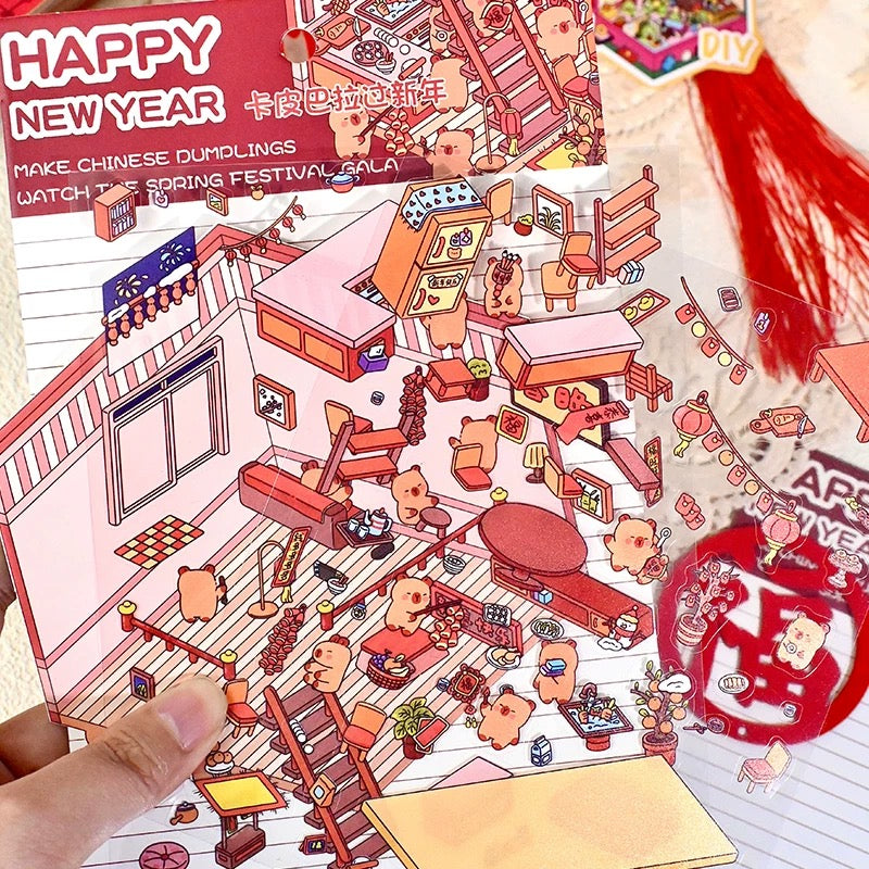 Happy New Year 3D Sticker | 4 Cute Miniature Scenes