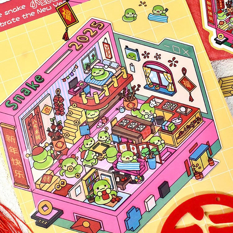 Happy New Year 3D Sticker | 4 Cute Miniature Scenes