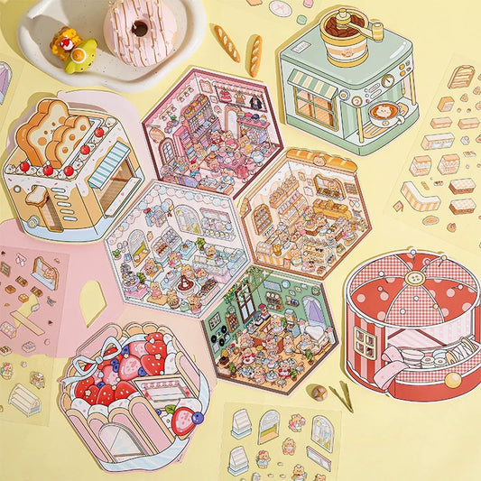 Cream Bear Town 3D Sticker | 4 Cute Miniature Scenes