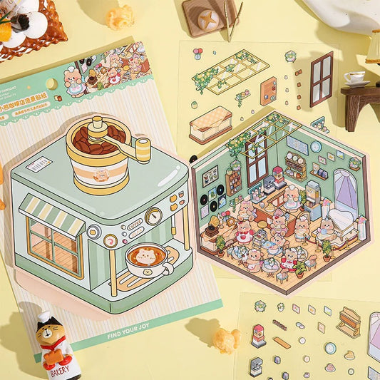 Cream Bear Town 3D Sticker | 4 Cute Miniature Scenes