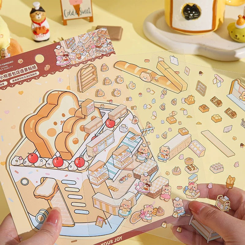 Cream Bear Town 3D Sticker | 4 Cute Miniature Scenes