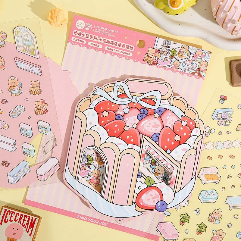 Cream Bear Town 3D Sticker | 4 Cute Miniature Scenes