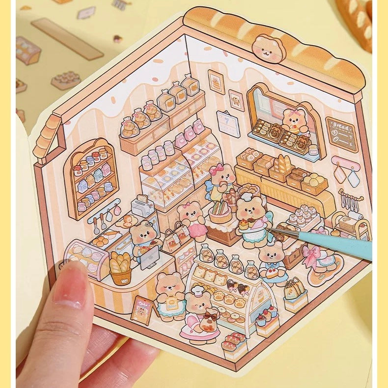 Cream Bear Town 3D Sticker | 4 Cute Miniature Scenes