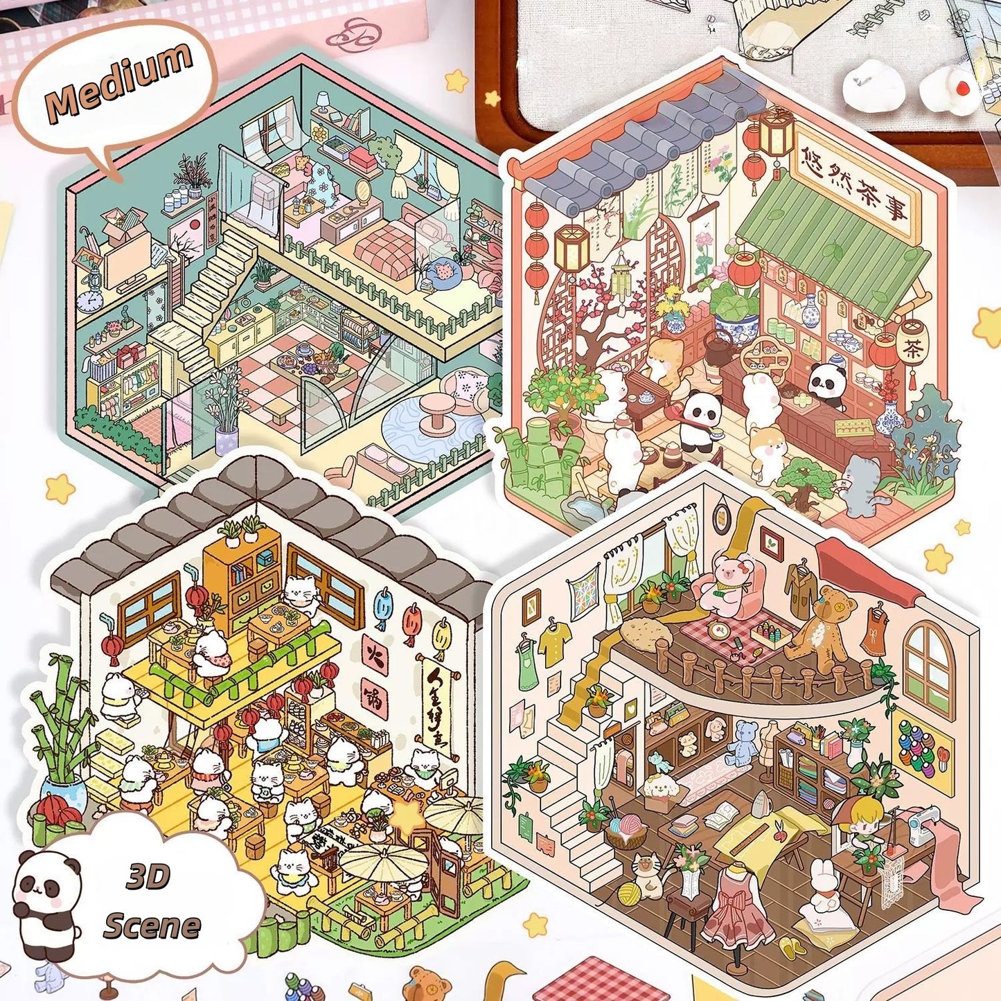 Miniature Shop 3D Stickers | 4 Cute Miniature Scenes