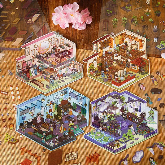 Ancient Chinese Pavilions 3D Sticker | 4 Cute Miniature Scenes