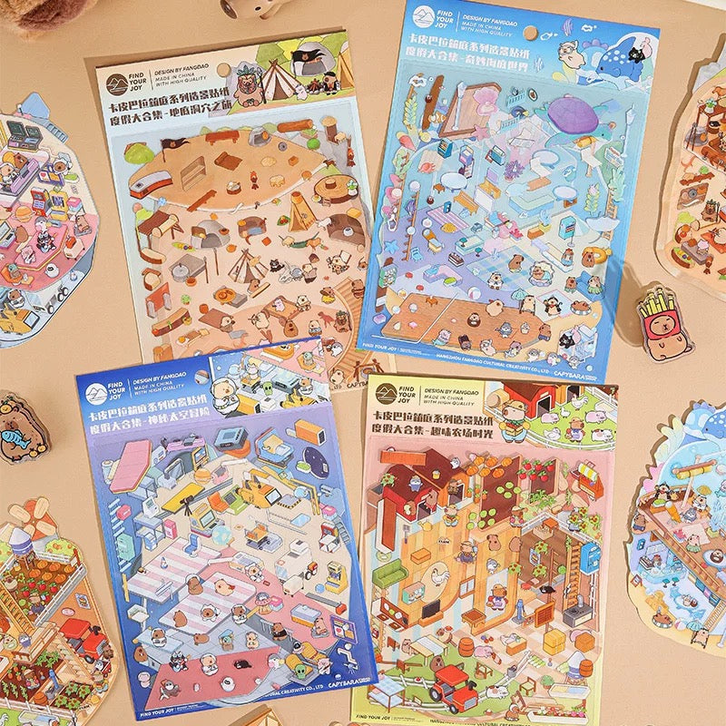 Capybara's Whimsical World 3D Sticker | 4 Cute Miniature Scenes