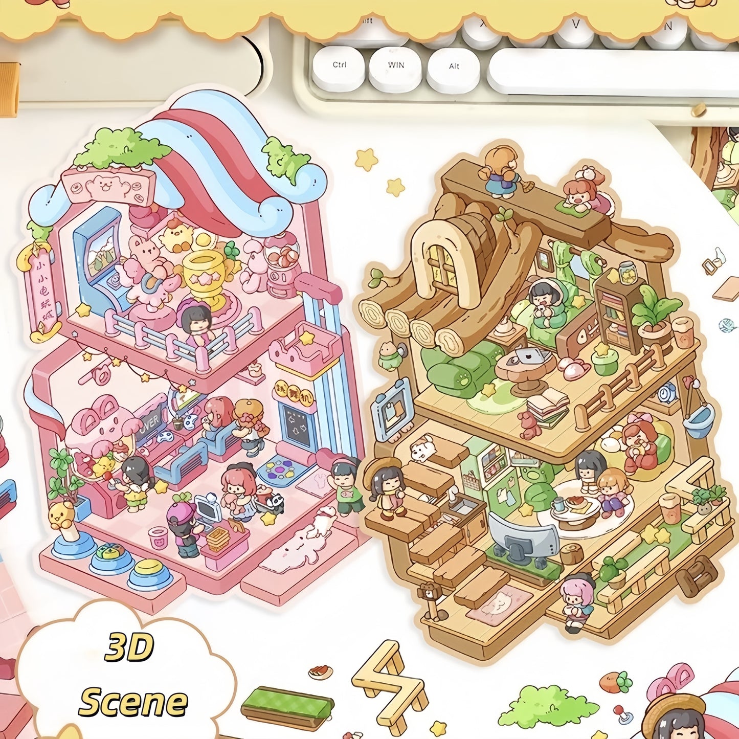 Playful Delights 3D Sticker | 2 Cute Miniature Scenes