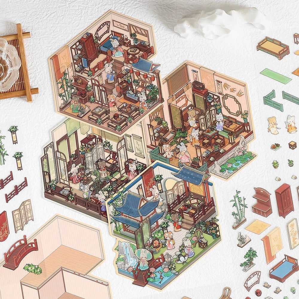 Ancient Chinese Pavilions 3D Sticker | 4 Cute Miniature Scenes