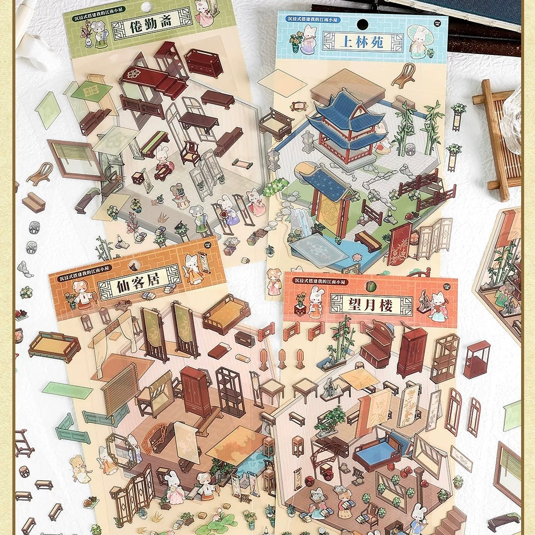 Ancient Chinese Pavilions 3D Sticker | 4 Cute Miniature Scenes