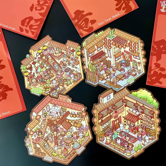 Happy New Year 3D Sticker | 4 Cute Miniature Scenes