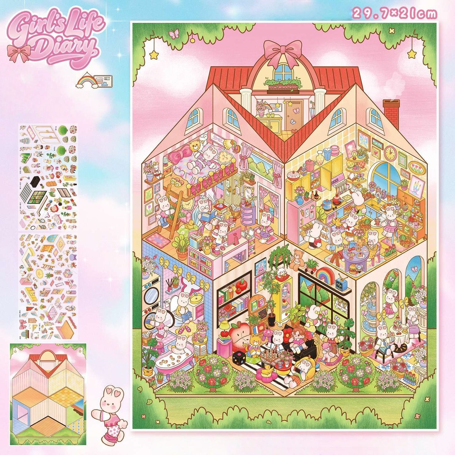 Rabbit Town 3D Sticker | 2 Cute Miniature Scenes