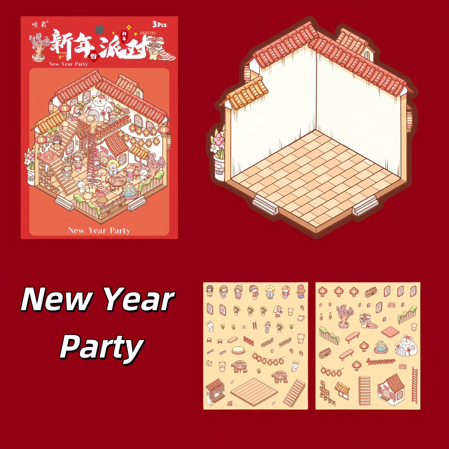 Happy New Year 3D Sticker | 4 Cute Miniature Scenes