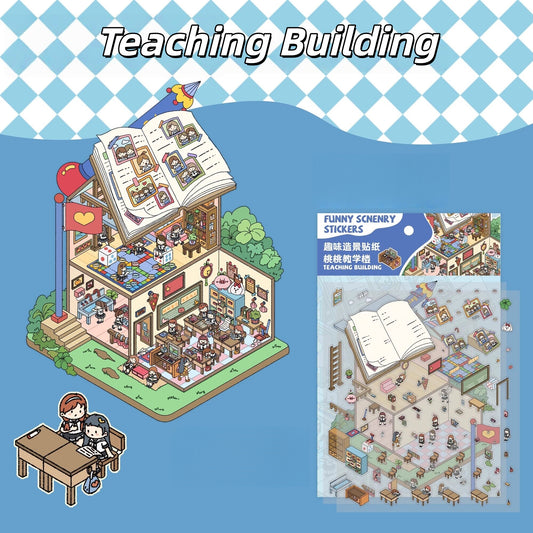 Peach Academy & Ancient Town 3D Sticker | 4 Cute Miniature Scenes
