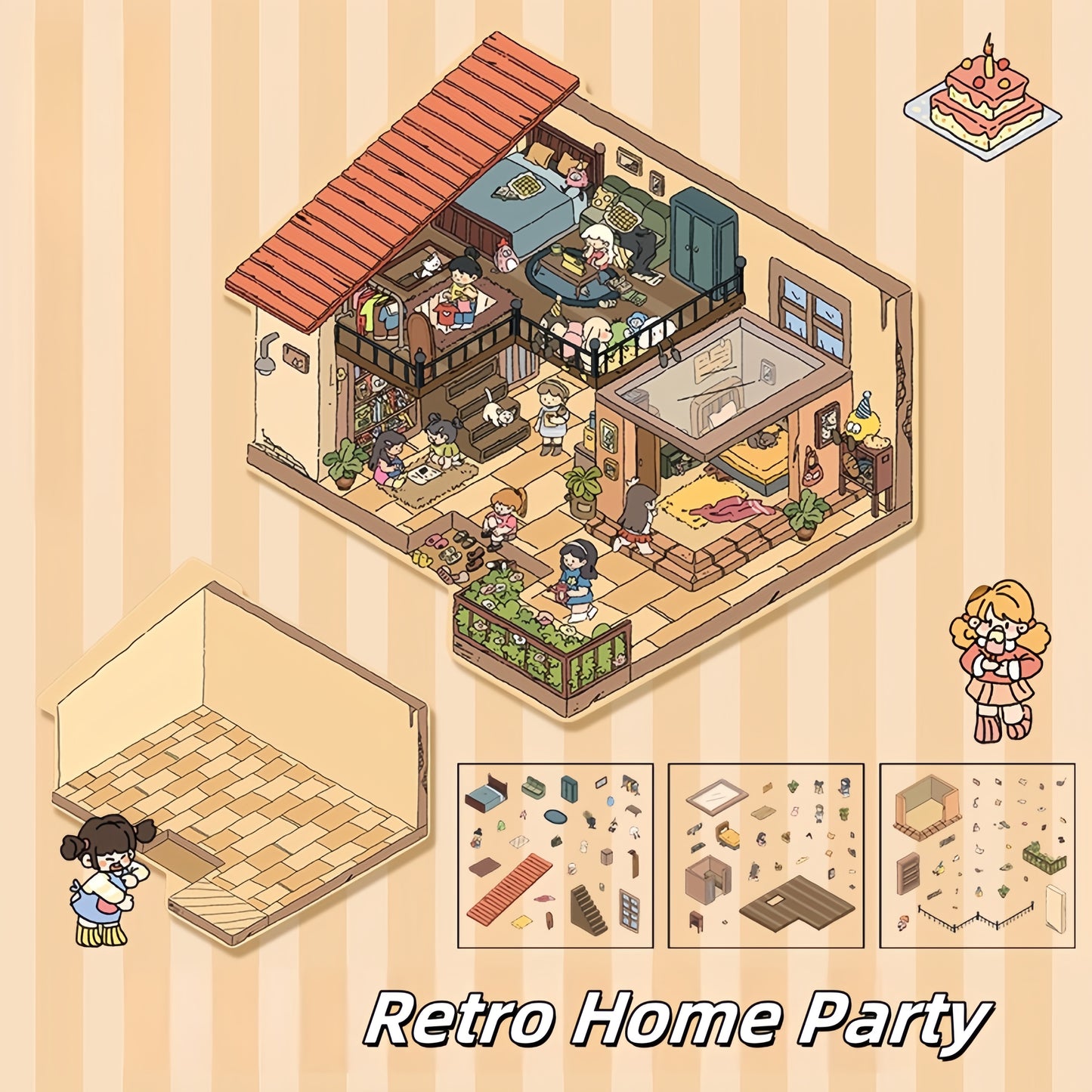 Cozy Party 3D Sticker | 4 Cute Miniature Scenes