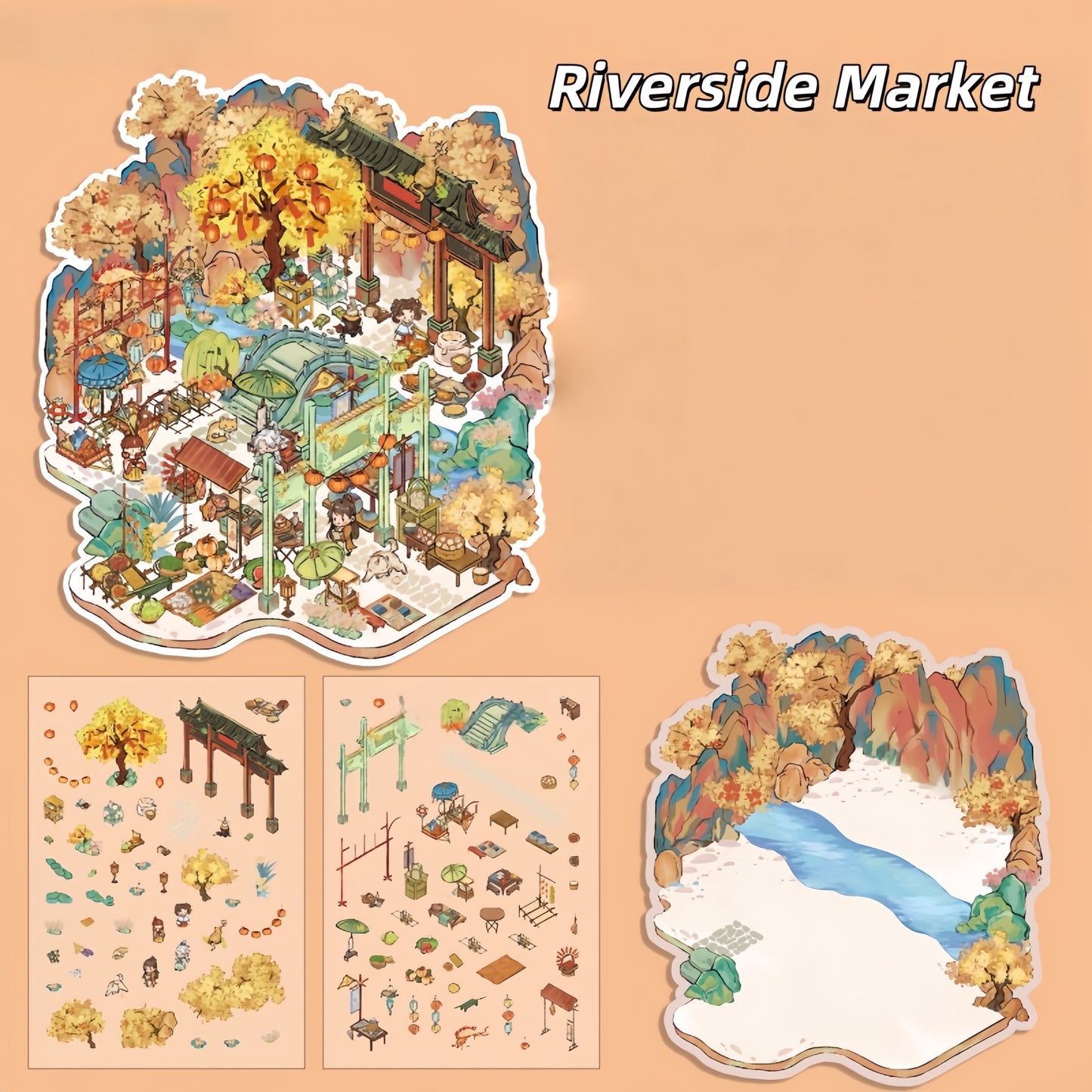 Ancient Chinese Pavilions 3D Sticker | 4 Cute Miniature Scenes