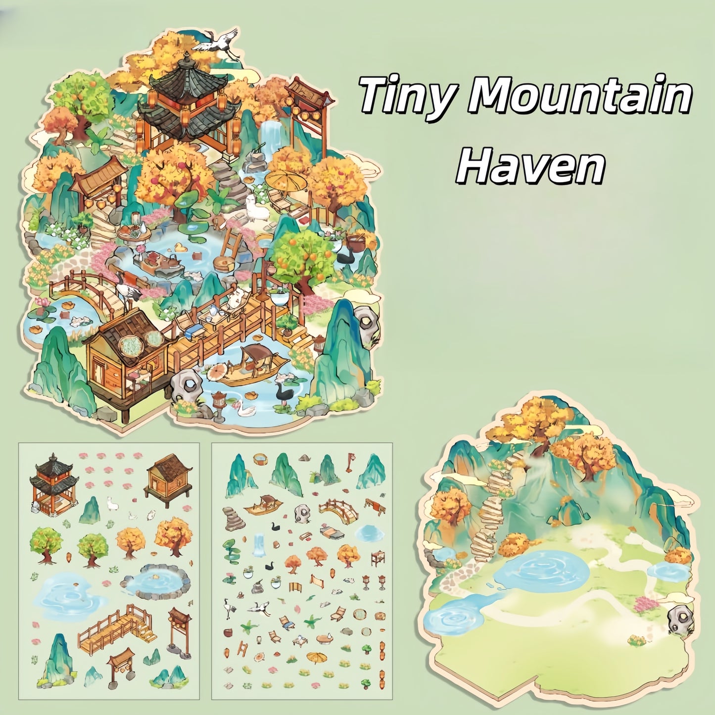 Ancient Chinese Pavilions 3D Sticker | 4 Cute Miniature Scenes