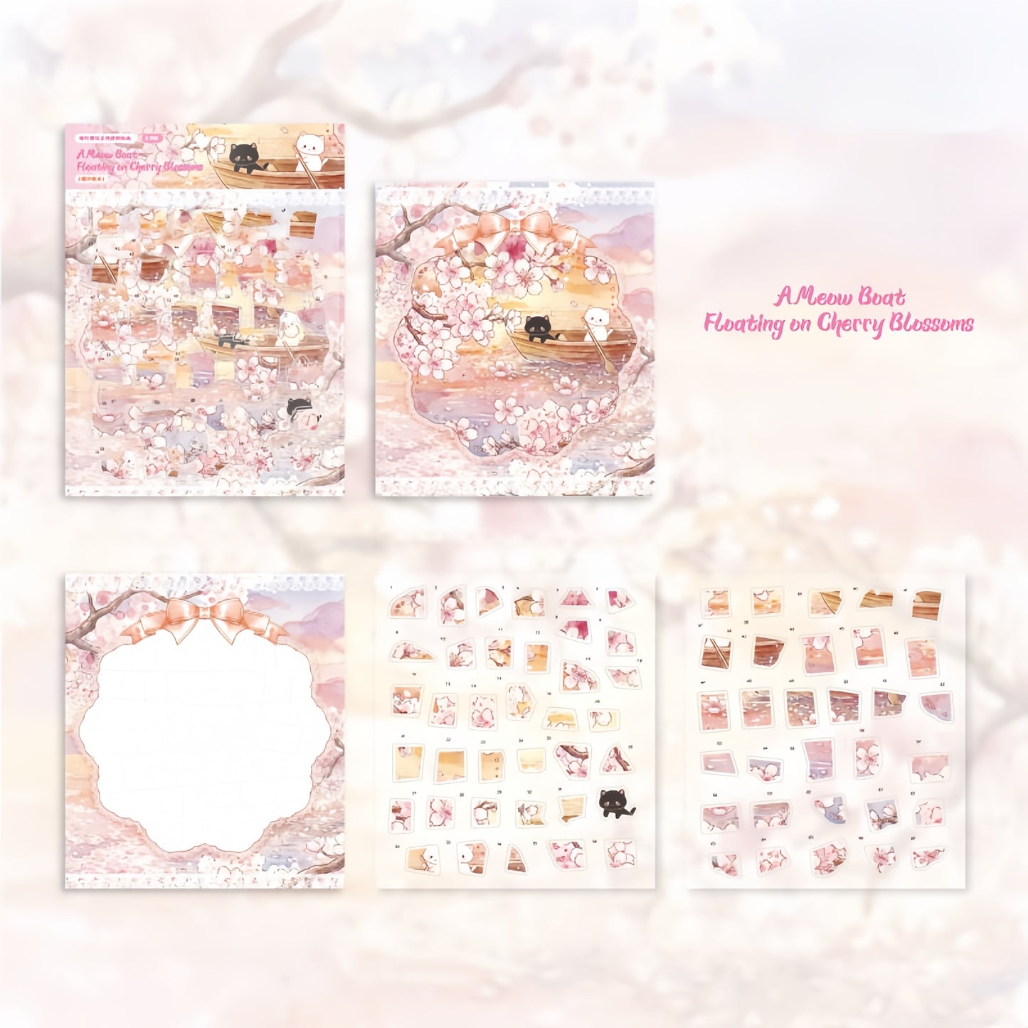 Cat Town Sakura Rain 3D Sticker | 4 Cute Miniature Scenes