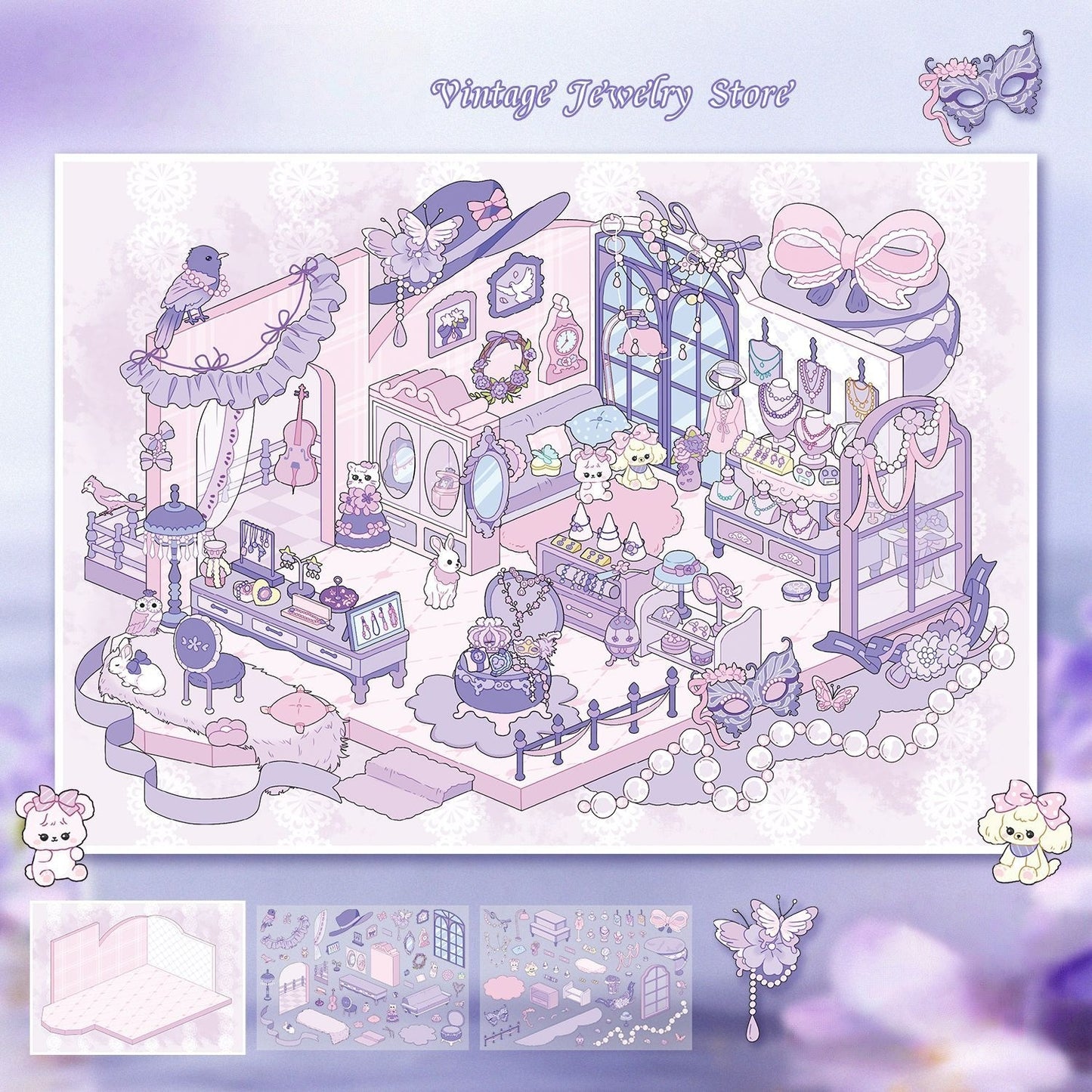 Cute Vintage Shops 3D Sticker | 4 Cute Miniature Scenes