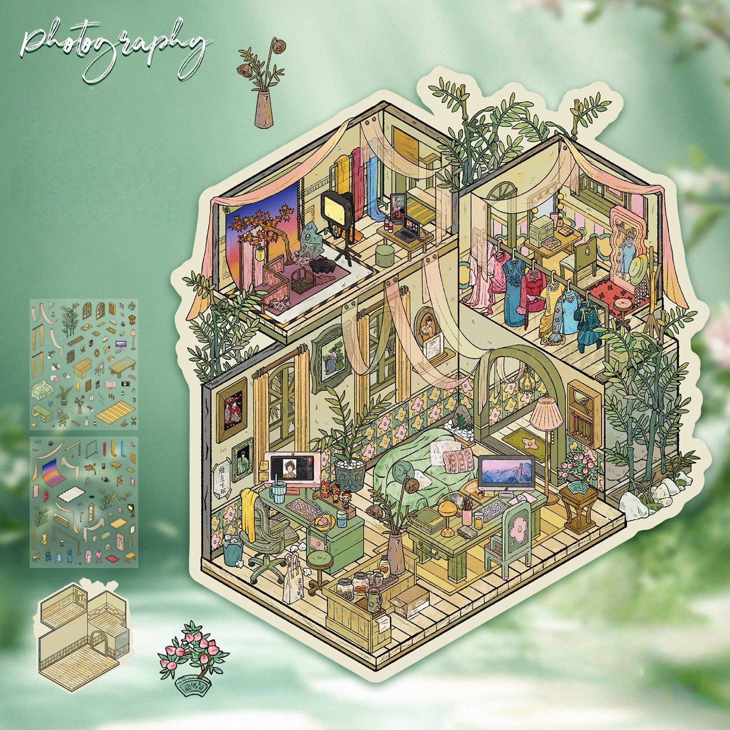 Little Whimsy Cottage 3D Sticker | 4 Cute Miniature Scenes
