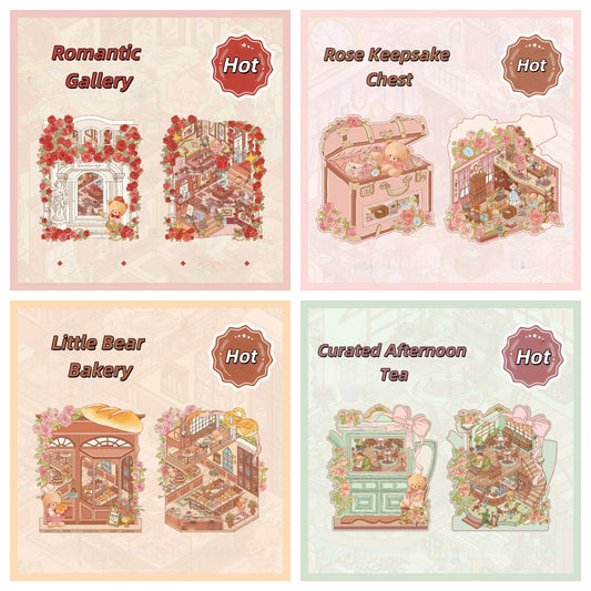 Little Bear's Romantic House 3D Sticker | 4 Cute Miniature Scenes