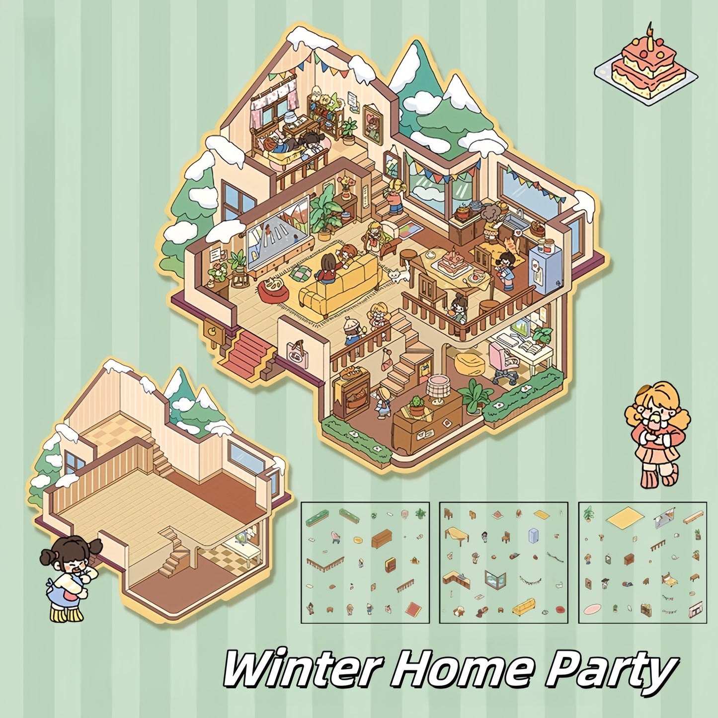 Cozy Party 3D Sticker | 4 Cute Miniature Scenes