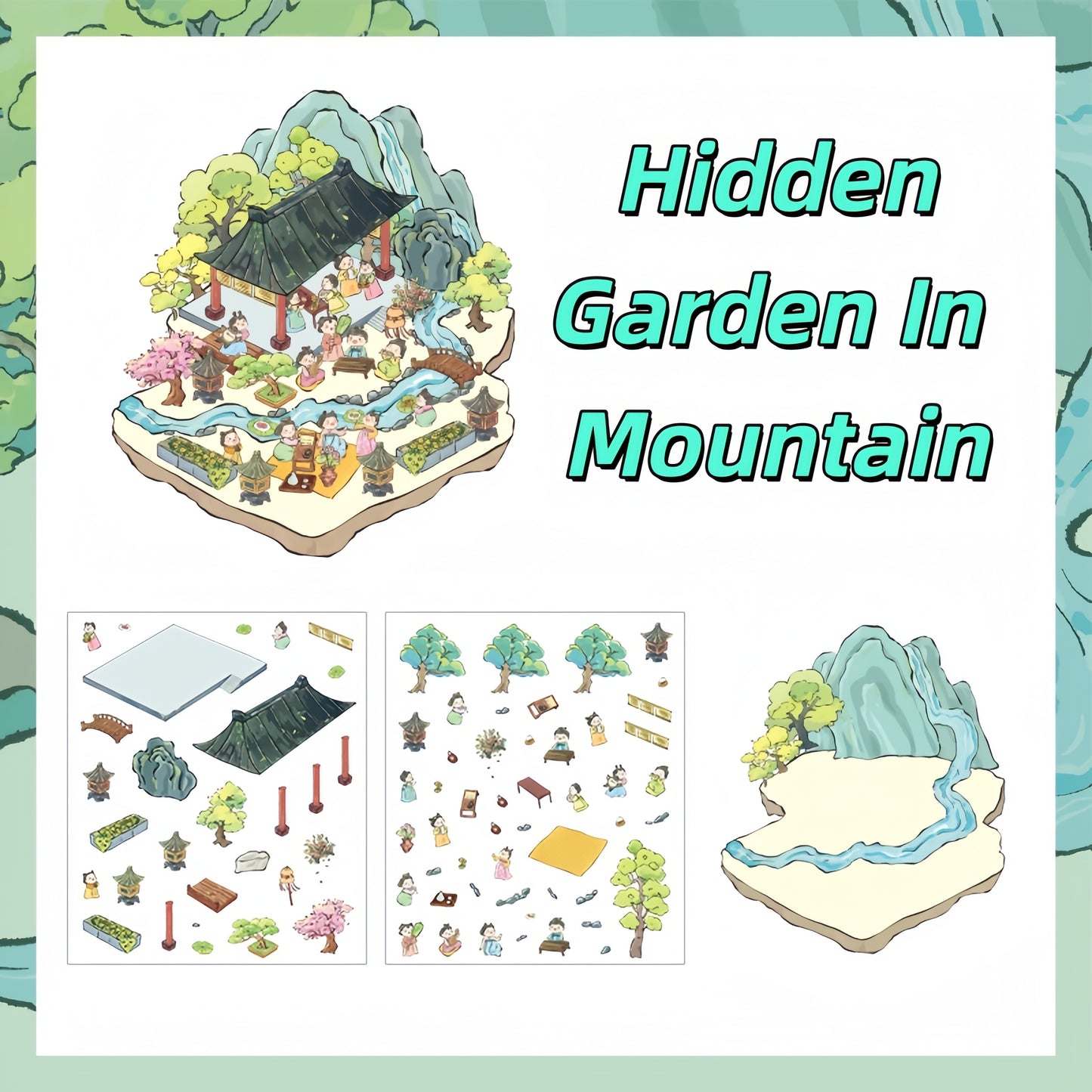 Chinese Garden 3D Sticker | 4 Cute Miniature Scenes