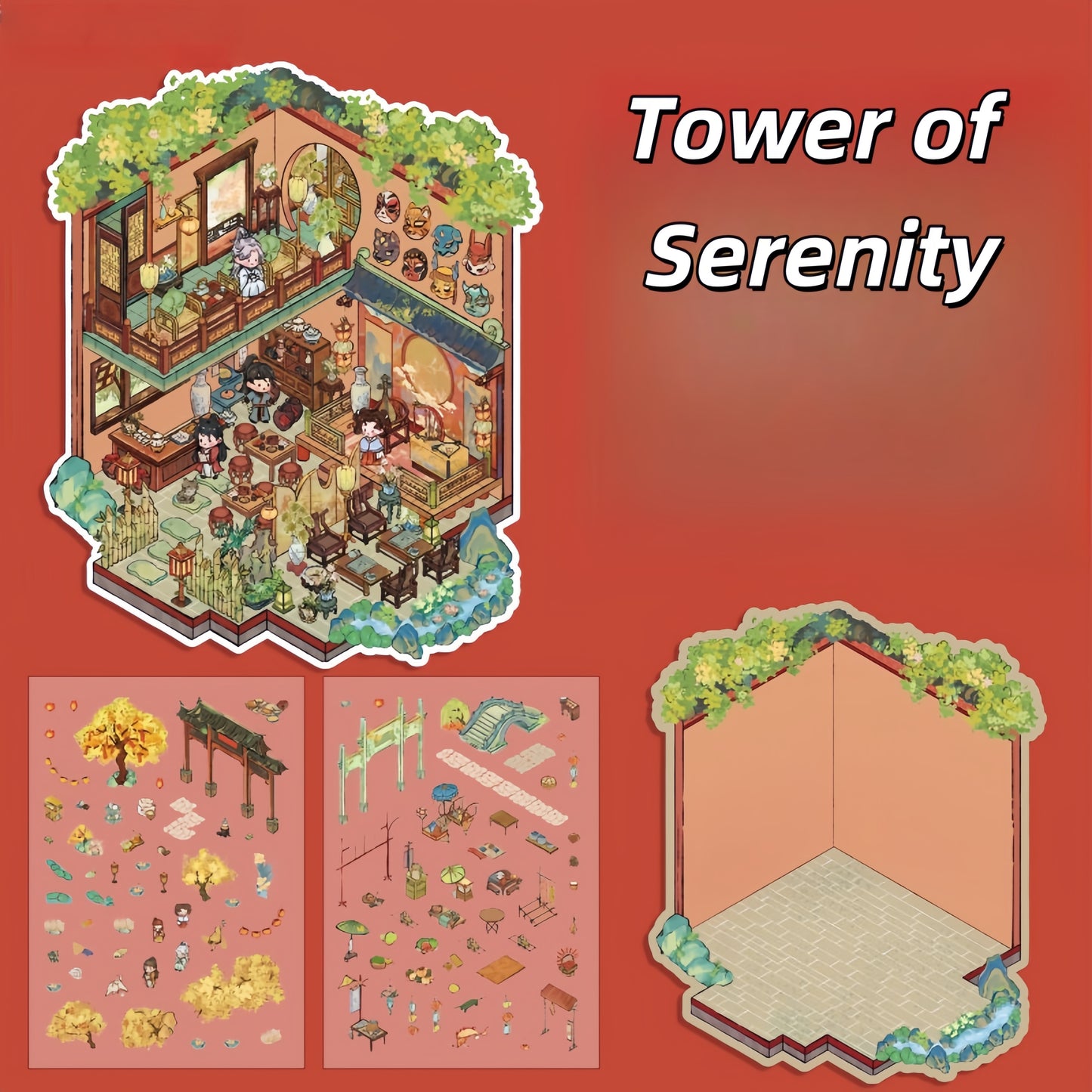 Ancient Chinese Pavilions 3D Sticker | 4 Cute Miniature Scenes