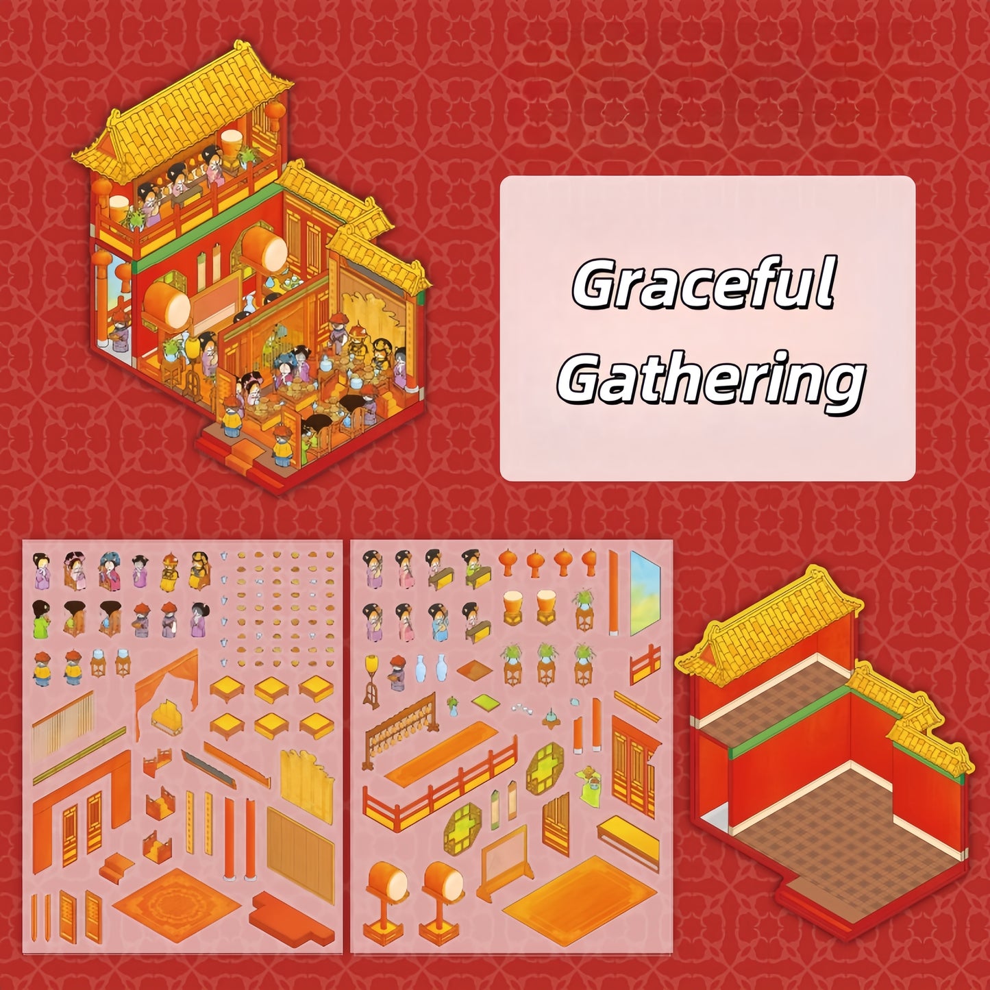 Rites, Music, Books & Feasts 3D Sticker | 4 Cute Miniature Scenes