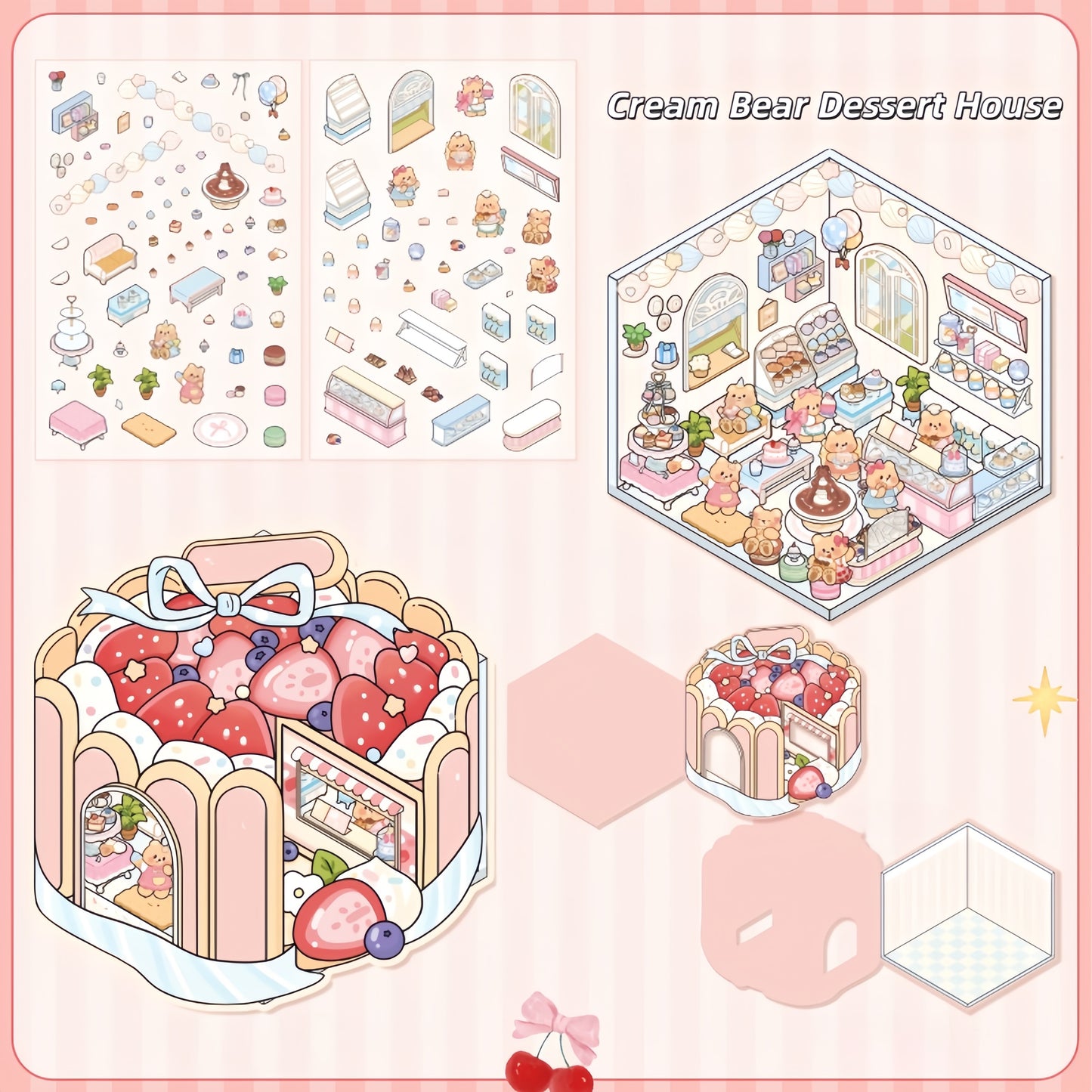 Cream Bear Town 3D Sticker | 4 Cute Miniature Scenes