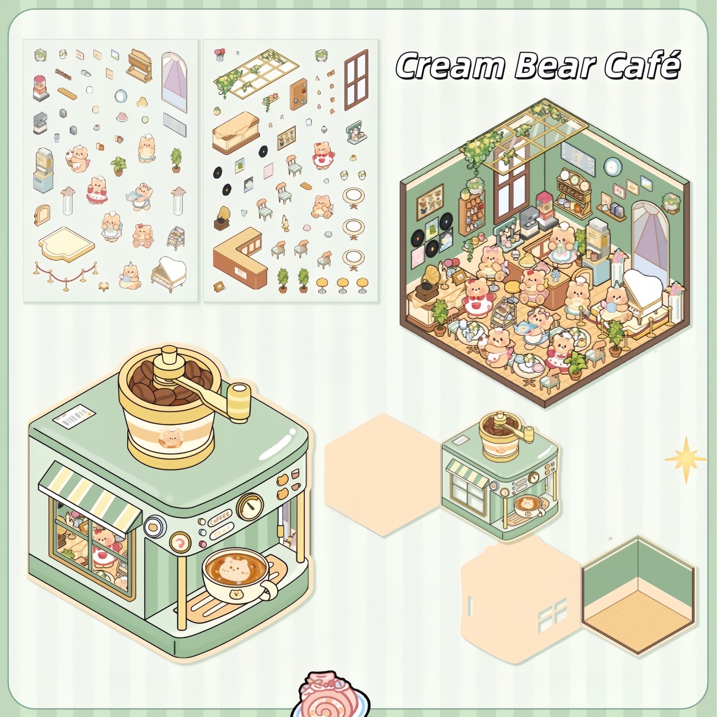 Cream Bear Town 3D Sticker | 4 Cute Miniature Scenes
