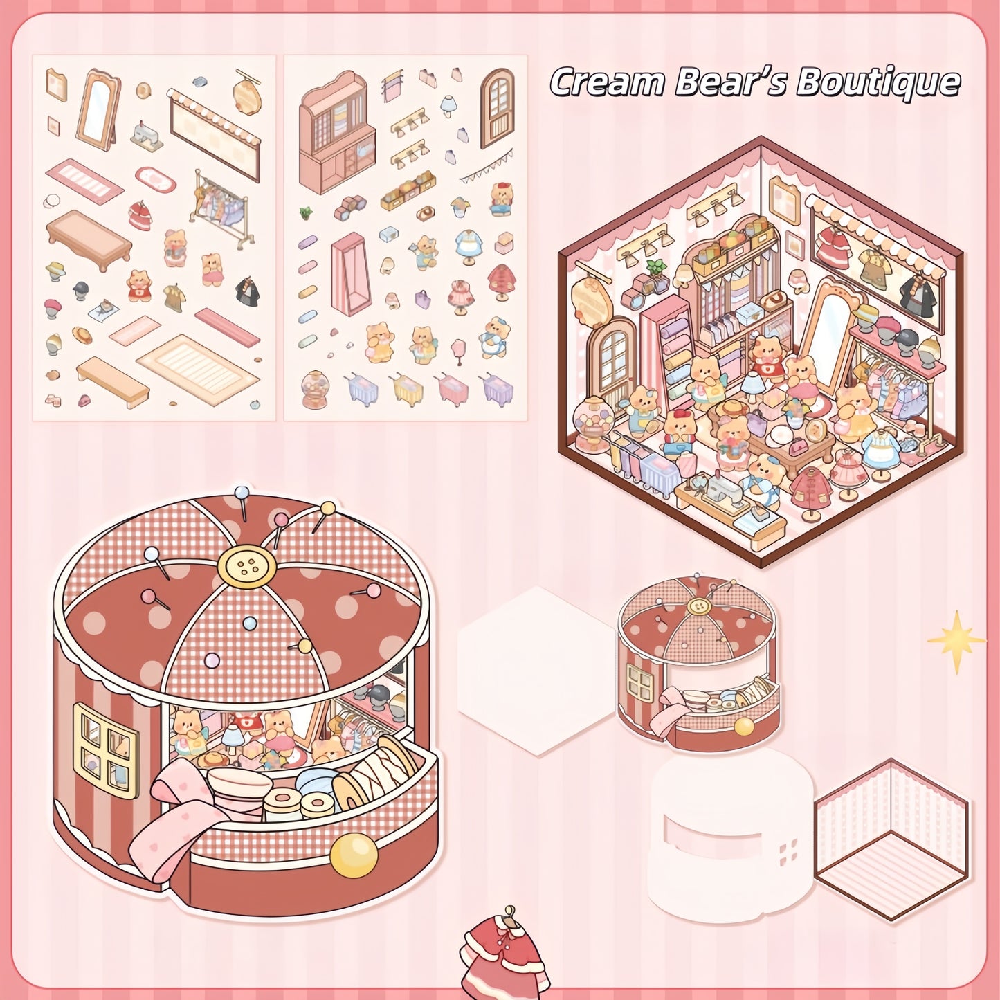 Cream Bear Town 3D Sticker | 4 Cute Miniature Scenes