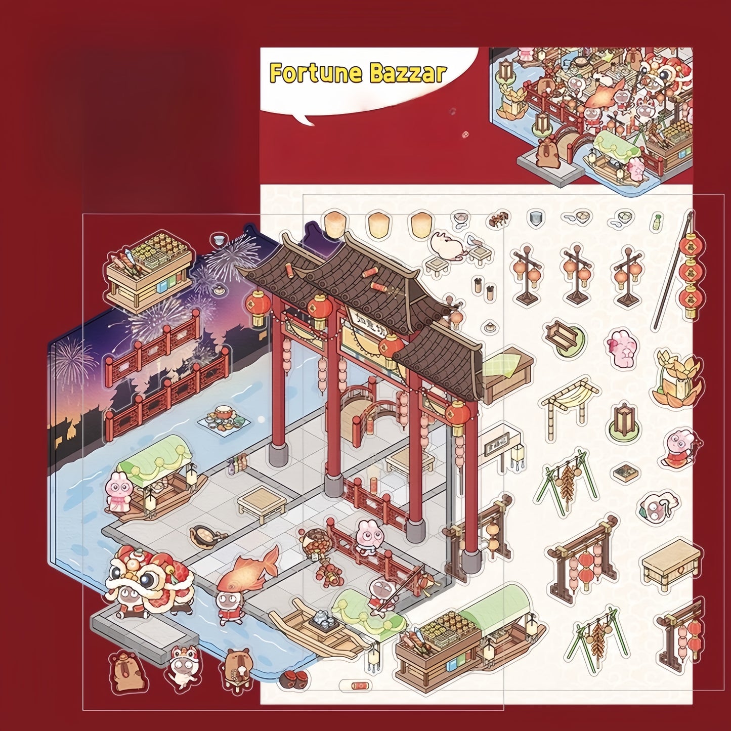Fortune Feast Town 3D Sticker | 2 Cute Miniature Scenes
