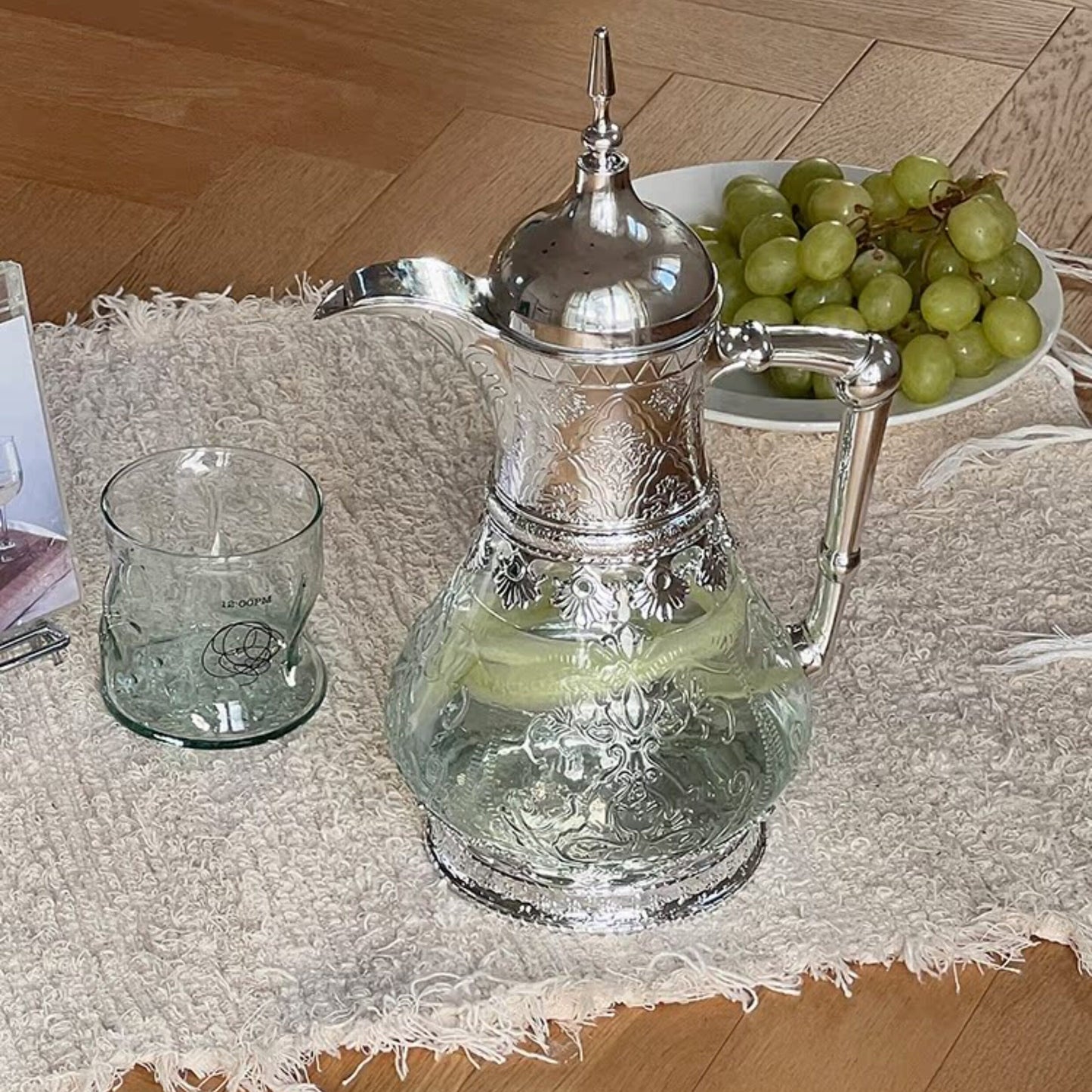 Vintage Carved Embossed Glass Water Pitcher